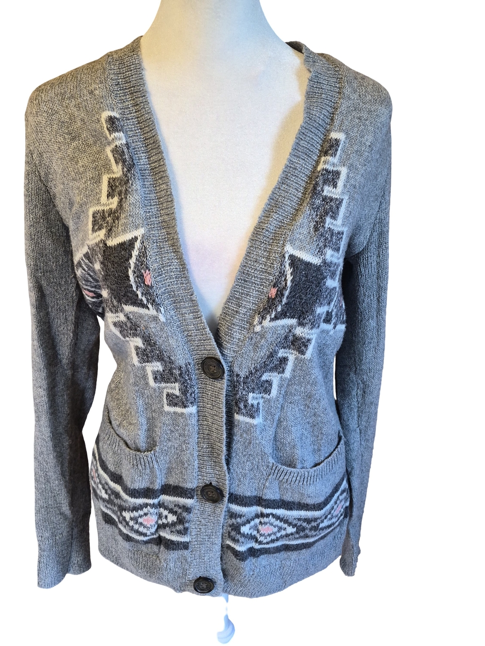 Hollister Gray Patterned V-Neck Button Cardigan with Pink Accents